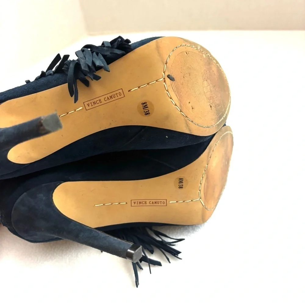 Vince Camuto‎ Navy Suede Leather Fringe Stiletto Heel Open Toe Booties (8)